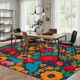 Large Floral Midcentury Retro Rug 12x9 ft – Soft 70s Style Non-Slip Carpet - retro rug