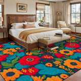 Large Floral Midcentury Retro Rug 12x9 ft – Soft 70s Style Non-Slip Carpet - retro rug