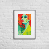 FRAMED RETRO 70s POSTER, Female Midcentury Portret Orange Yellow Green
