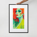 FRAMED RETRO 70s POSTER, Female Midcentury Portret Orange Yellow Green