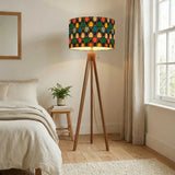 Midcentury 60s Retro Tripod Floor Lamp: Remote Wooden Base Linen Shade - retro floor lamps