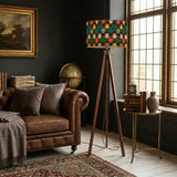 Midcentury 60s Retro Tripod Floor Lamp: Remote Wooden Base Linen Shade - retro floor lamps
