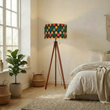 Midcentury 60s Retro Tripod Floor Lamp: Remote Wooden Base Linen Shade - retro floor lamps