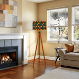 Midcentury 60s Retro Tripod Floor Lamp: Remote Wooden Base Linen Shade - retro floor lamps
