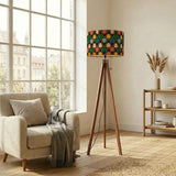 Midcentury 60s Retro Tripod Floor Lamp: Remote Wooden Base Linen Shade - retro floor lamps