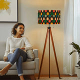 Midcentury 60s Retro Tripod Floor Lamp: Remote Wooden Base Linen Shade - retro floor lamps