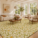 Midcentury 70s Retro Daisies Rug 12x9 ft – Large Floral Non-Slip Room Carpet - retro rug