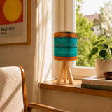 Midcentury Modern Wooden Tripod Table Lamp – Blue Brown Linen Shade - retro table lamps