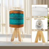 Midcentury Modern Wooden Tripod Table Lamp – Blue Brown Linen Shade - retro table lamps