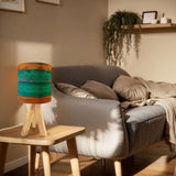 Midcentury Modern Wooden Tripod Table Lamp – Blue Brown Linen Shade - retro table lamps