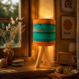 Midcentury Modern Wooden Tripod Table Lamp – Blue Brown Linen Shade - retro table lamps