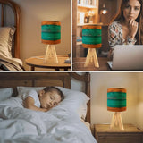 Midcentury Modern Wooden Tripod Table Lamp – Blue Brown Linen Shade - retro table lamps