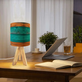 Midcentury Modern Wooden Tripod Table Lamp – Blue Brown Linen Shade - retro table lamps