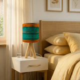 Midcentury Modern Wooden Tripod Table Lamp – Blue Brown Linen Shade - retro table lamps