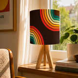 Midcentury Rainbow Retro Table Lamp – Wood Tripod Base Linen Shade - retro table lamps