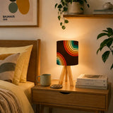 Midcentury Rainbow Retro Table Lamp – Wood Tripod Base Linen Shade - retro table lamps