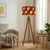 Midcentury Tripod Floor Lamp – Retro 1970s Print Shade orange red yellow - retro floor lamps