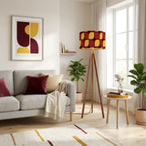 Midcentury Tripod Floor Lamp – Retro 1970s Print Shade orange red yellow - retro floor lamps