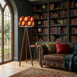 Midcentury Tripod Floor Lamp – Retro 1970s Print Shade orange red yellow - retro floor lamps