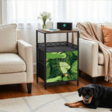 Monstera Leaf Print Nightstand with Built-In Power & Retro Front - retro bedside table