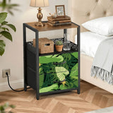 Monstera Leaf Print Nightstand with Built-In Power & Retro Front - retro bedside table