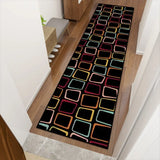 Retro black colorful squares hallway runner rug on a wooden hallway floor