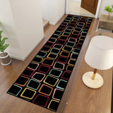 Retro black colorful squares hallway runner rug in a hallway with a floor lamp