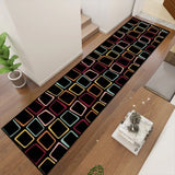 Retro black colorful squares hallway runner rug, top view in a hallway