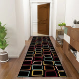 Retro black colorful squares hallway runner rug in a hallway with a wooden door