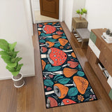 Mushroom pattern hallway runner rug in teal and orange in a narrow hallway next to a green plant and shoe bench