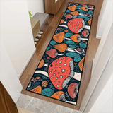 Mushroom pattern hallway runner rug in teal and orange angled along a wooden hallway floor near stairs and a plant