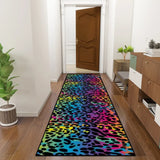 Rainbow leopard print runner rug in a hallway with a wooden door and wood floor