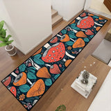 Mushroom pattern hallway runner rug in teal and orange at a diagonal angle in a hallway with a sideboard and decor