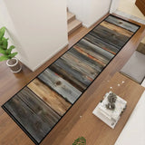 Retro rustic dark wood plank hallway runner rug, top view in a hallway