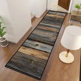 Retro rustic dark wood plank hallway runner rug in a hallway with a floor lamp