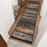 Retro rustic dark wood plank hallway runner rug on a wooden hallway floor