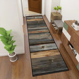 Retro rustic dark wood plank hallway runner rug in a hallway with a potted plant