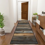 Retro rustic dark wood plank hallway runner rug in a hallway with a wooden door