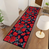 Retro dark floral red rose hallway runner rug in a hallway with a floor lamp