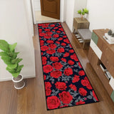 Retro dark floral red rose hallway runner rug in a hallway with a potted plant