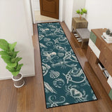 Retro teal nautical hallway runner rug in a hallway with a wooden door