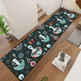 Dark mushroom pattern hallway runner rug in teal tones at a diagonal angle in a hallway with a sideboard and decor