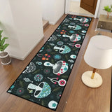Dark mushroom pattern hallway runner rug in teal tones seen from above beside a white table lamp on a wood floor