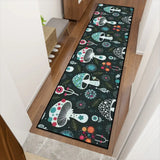 Dark mushroom pattern hallway runner rug in teal tones angled along a wooden hallway floor near stairs and a plant