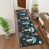 Dark mushroom pattern hallway runner rug in teal tones in a narrow hallway next to a green plant and shoe bench