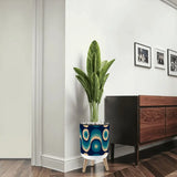 Nordic Style Plant Pot with Wooden Legs - Blue Beige Retro 60s - retro plant pot