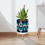 Nordic Style Plant Pot with Wooden Legs - Blue Beige Retro 60s - retro plant pot