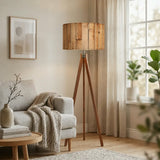 Nordic Tripod Floor Lamp with Wood Grain Shade and Remote LED Light - retro floor lamps