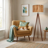 Nordic Tripod Floor Lamp with Wood Grain Shade and Remote LED Light - retro floor lamps