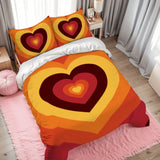 Orange Red 70s Heart Duvet Cover Set: Retro Full Size Microfiber Bedding - retro bedding